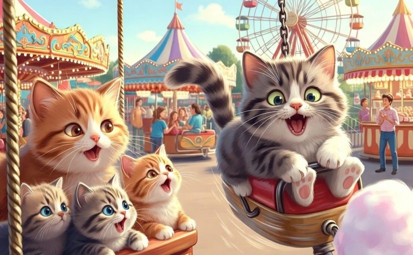 Kocia rodzinka w wesołym miasteczku i tata, który poleciał za wysoko